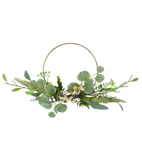 Eucalyptus Leaf and Fern Golden Ring Wreath Spring Decor Green and Gold 30"Add unique style to your decor with this Eucalyptus ring wreath Featuring assorted green foliage and white berries designed on a distressed golden metal ring what better way to welcome guests and spring to your home Features: Eucalyptus fern and berry hanging golden ring wreath Assorted green foliage completes this wreath Designed with large white berries and flowers Golden distressed metal ring for hanging Recommended for indoor use only or covered outdoor use No assembly required - comes in 1 piece Dimensions: Ring: 12" diameter Foliage: 10"H x 30"W x 4"D (measured from outermost edge to outermost edge across the wreath) Material(s): metal/polyester/twig/wire/plastic Product Details4 L x 30 W x 12 H inchesGolden r Eucalyptus Ring, Ring Wreath, White Berries, Modern Wreath, Eucalyptus Leaf, Material Wreaths, Artificial Flowers And Plants, Eucalyptus Wreath, Artificial Wreath