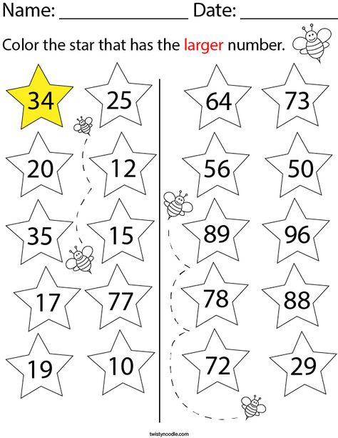 Color the star with the larger number Math Worksheet - Twisty Noodle Larger Number Worksheet, Random Activities, Comparing Numbers Worksheet, Holiday Math Worksheets, Counting Worksheets For Kindergarten, Kindergarten Math Worksheets Addition, Number Worksheet, Kindergarten Math Worksheets Free, Kindergarten Addition Worksheets