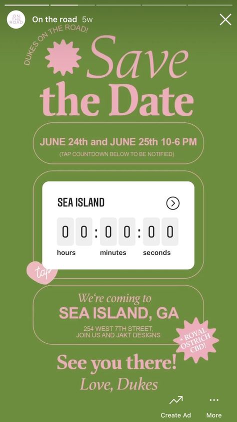 event: "on the road" "save the date" philanthropy pink green pastel summer spring colors aesthetic instagram graphic countdown heart graphic design see you there sea island georgia Poster Layout Design, Green Typography, Layout Editorial, Posters Conception Graphique, Southern Fashion, Typography Love, Create Ads, 카드 디자인, Inspiration Aesthetic