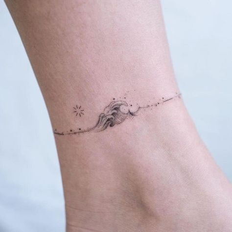 Minimalist Ankle Tattoo, Tattoo Ideas Ankle, Wave Tattoo Ideas, Small Ankle Tattoo, Ankle Tattoo Ideas, Tattoo Healing, Beachy Tattoos, Small Quote Tattoos, Ankle Tattoos