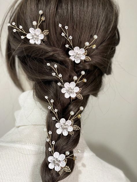 5pcs Flower & Faux Pearl Decor Bridal Hair Pin Boho Tiaras Halloween White Boho   Zinc Alloy     Wedding & Event, size features are:Bust: ,Length: ,Sleeve Length: White Flower Hair Accessories, White Flower Ring, Boho Tiara, Bridal Hair Ornaments, Flower Hair Accessories Wedding, Bridal Hair Pin, Wrist Flowers, Hair Style Korea, Bridal Headwear