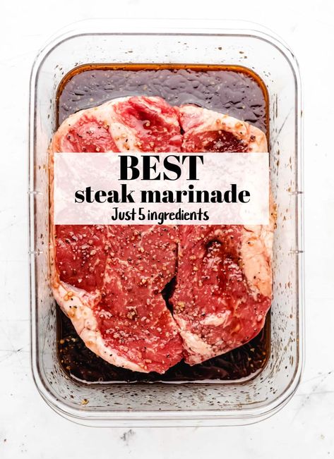 Best easy steak marinade recipe! Just five simple ingredients are all you need to make this easy marinade. Includes directions that teach you how to marinade a steak for tender, juicy beef. Best Way To Marinate Steak, Dr Pepper Steak Marinade, Blade Steak Marinade, Steak Marinade Without Worcestershire, 30 Minute Steak Marinade, 3 Ingredient Steak Marinade, Easy Steak Marinade Simple, Steak Marinade No Soy Sauce, Delmonico Steak Marinade