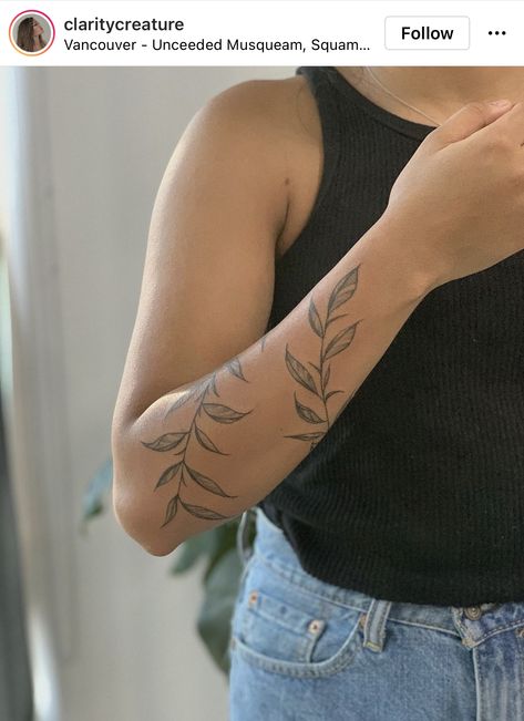 Vine Arm Tattoos For Women Forearm, Rap Around Leaf Tattoo, Vining Plant Arm Tattoo, Womens Upper Leg Tattoo, Greenery Arm Tattoos For Women, Leave Around Arm Tattoo, Leave Wrap Around Arm Tattoo, Leaves Going Up Arm Tattoo, Rap Around Flower Tattoo