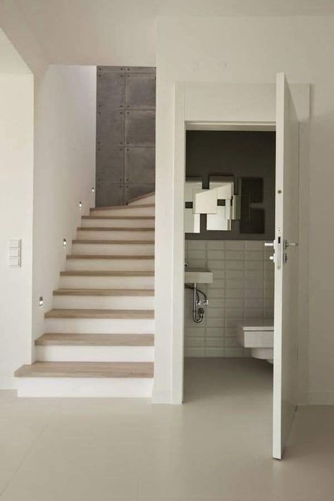 Stair Layout, Room Under Stairs, درج السلم, Bathroom Under Stairs, Toilet And Bathroom Design, Under Stair, House Staircase, Desain Pantry, Modern Small House Design