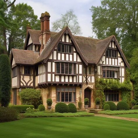 Old English Style Home Exterior, Tudor Aesthetic Home, Old English Tudor Homes, House Exterior British, Large English House, Interesting Houses Exterior, Tudor Style Architecture, German Cottage House, German Country House