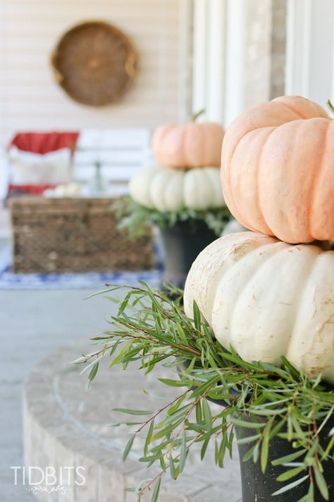 Simple and lovely Fall front porch decor. Pumpkins In Planters, Fall Urn Planter Ideas, Autumn Mums, Pumpkin Rug, Diy Halloween Porch, Heirloom Pumpkins, Fall Porches, Fall Diys, Autumn Farmhouse