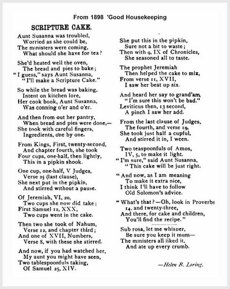 A Scripture cake saying from Goode Housekeeping Magazine in February of 1898. Scripture Cake Recipe, Scripture Cake, Scripture Cookies, Bible Food, Bible Cake, Cake Quotes, Learn The Bible, Cake Mixture, Amish Recipes