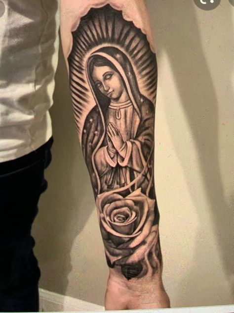 Mexican Virgin Mary Tattoo, Virgin Marie Tattoo, Upper Chest Tattoo Female Quotes, Saint Tattoo Female, Hustle Tattoos For Women, Small Pretty Tattoos For Women, Tattoo Ideas Full Sleeve, Mom Name Tattoo Ideas, Upper Chest Tattoo Female