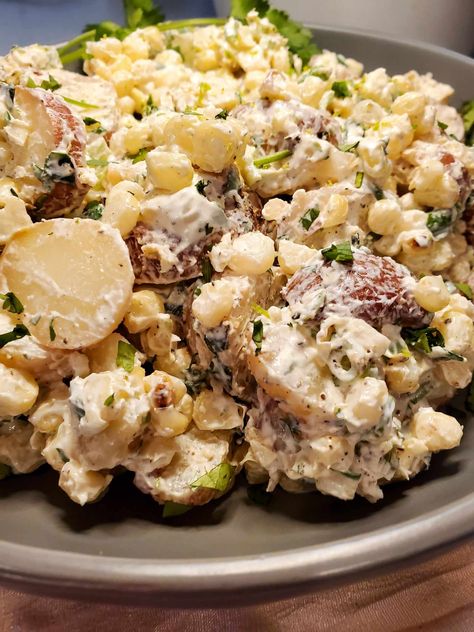 Roasted Corn and Potato Salad - She's Got The Cooks Best Mashed Potatoes Ever, Roasted Corn Salad, Red Potato Salad, Potato Waffles, Marinated Tomatoes, Best Mashed Potatoes, Satisfying Salads, Summer Side Dish, Thanksgiving Cooking