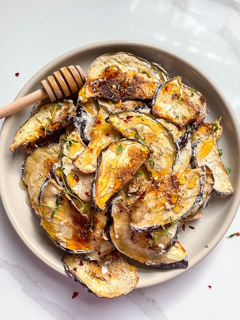 Baked Hot Honey Eggplant Chips — All Types Of Bowls Honey Eggplant, Vegan Hot Honey, Oven Baked Eggplant, Types Of Bowls, Eggplant Chips, Hot Honey Recipe, Carrots Side Dish, Spicy Eggplant, Crispy Eggplant