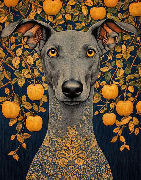 Step into a world of elegance and mystique with this stunning greyhound art print, featuring a regal whippet adorned with golden apples. This digital artwork captures the noble spirit of the greyhound, surrounded by a lush backdrop of golden fruits, adding a touch of magic to any space. Inspired by the timeless beauty of these graceful dogs, this illustration is perfect for dog lovers who appreciate both art and their beloved pets. Whether you are decorating a living room, an office, or a bedroo Whippet Illustration, Vintage Dog Illustration, Vintage Dog Art, Art Deco Dog, Whippet Art, Greyhounds Funny, Luxury Illustration, Dog Illustration Art, Greyhound Art