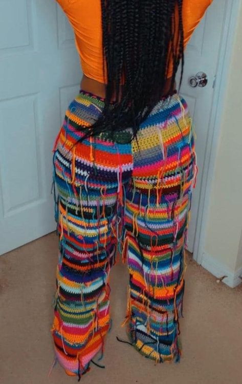 Thank you for your interest 🤗 PLEASE READ  These pants are 1 of a kind, based on my creative design. No pair will look like the next pair.  Drawstring Closure.  Model is 5'4" SIZING: Based on 32 inch Waist and 44 inch hip measurements....these should fit a Medium-Large  If you need larger or smaller sizing PLEASE message me to confirm info BEFORE placing your order.  (Waist, Hips, Height)  Handmade -Made to order ALL SALES ARE FINAL.  100% acrylic yarn  Hand or machine wash. No bleach Lay flat Crochet Scrap Yarn Pants, Scrap Pants, Yarn Pants, Crocheted Accessories, Crochet Outfits, Crochet Pants, Scrap Yarn, Crochet Clothing And Accessories, Crochet Clothing