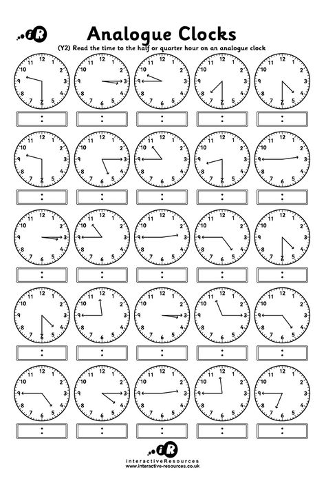 Telling Time - 25 Analogue Clocks (2) Free Teaching Time Worksheets! Read the time to the half or quarter hour on an analogue clock. Grade 2 Time Activities, How To Tell Time Worksheets, Telling Time First Grade Worksheets Free Printable, Telling Time Quarter To And Quarter Past, Learning To Tell Time Free Printable, 1st Grade Telling Time Worksheets, Time Practice Worksheets, Clock Reading Worksheet, Telling Time To The Quarter Hour