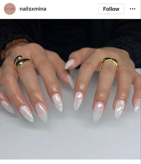 Milky Marble Marble Milky Nails, Glass Marble Nails, Almond Marble Nails Designs, Milky White Nails Marble, Smokey White Nails, Cream Marble Nails, Classy Marble Nails, Milky Nails With Gems, Almond Nails White Glitter