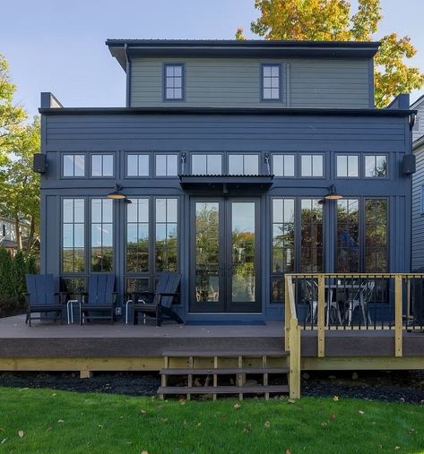 Black Sunroom, Wood Patio Doors, Sunroom Windows, Bifold Patio Doors, Patio Door Handle, Front Door Inspiration, Sunroom Addition, Contemporary Exterior, French Doors Patio