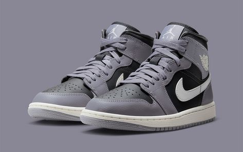 Grey Jordans, Nike Jordan 1, Skor Sneakers, Nike Air Jordan Shoes, Nike Fashion Shoes, All Nike Shoes, Nike Air Jordan 1 Mid, Unique Sneakers, Womens Air Jordans