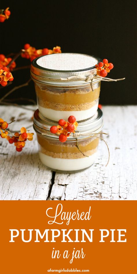 Layered Pumpkin Pie in a Jar from afarmgirlsdabbles.com - This layered pumpkin dessert is my favorite way to enjoy the flavors of traditional pumpkin pie. The dessert is creamy and beautifully spiced and oh-so-fun and pretty in jars! #pumpkin #pie #layered #thanksgiving #dessert #jar Layered Pumpkin Pie, Thanksgiving Recipes Dessert Pies, Pumpkin Pie In A Jar, Thanksgiving Desserts Pie, Desserts Pie, Layered Pumpkin Dessert, Pie In A Jar, Mason Jar Desserts, Coconut Dessert