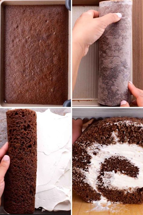 Chocolate Cake Roll (Swiss Roll) is a sweet and moist layer of chocolate cake rolled around homemade whipped cream, ready in under an hour! Chocolate Roll With Cream Cheese Filling, Easy Chocolate Roll Cake, Hoho Roll Cake, Chocolate Roll Cake Yule Log, Swiss Roll With Box Cake, Hoho Cake Roll, Chocolate Rolls Old Fashioned, Chocolate Roll Cake Recipe Easy, Cake Roll Recipes With Box Cake