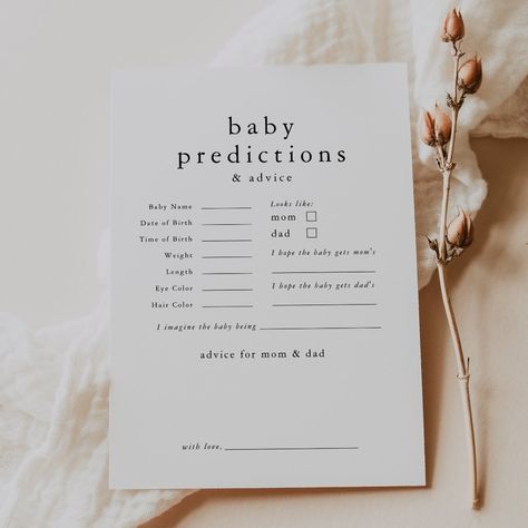 This boho baby predictions baby shower game card from the Emelia Collection is perfect for a minimal baby shower or baby sprinkle. The black and white design features modern unadorned typography with a unique minimalist style.  Order printed game cards and/or a printable version you can print locally or at home. Cute Baby Shower Activities, Gender Neutral Baby Shower Ideas Games, Baby Shower Prayers For Baby, Family Traditions Baby Shower Game, Not Lame Baby Shower Games, Showered With Love Baby Shower Theme, Baby Shower Decorations Gender Neutral, Can Bearly Wait Baby Shower Ideas Boy, Name Suggestions Baby Shower Ideas