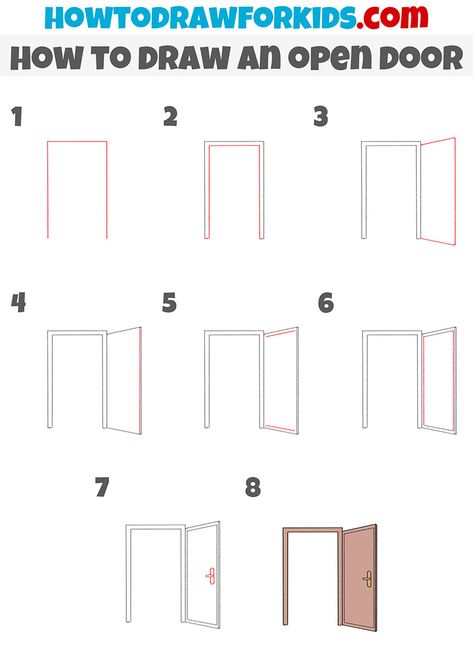 how to draw an open door step by step Drawing Furniture Step By Step, How To Draw Doors Step By Step, How To Draw Furniture Step By Step, How To Draw A Door, Door Drawing Simple, Opening Door Drawing Reference, Door Drawing Ideas, Open Door Drawing, Door Drawing