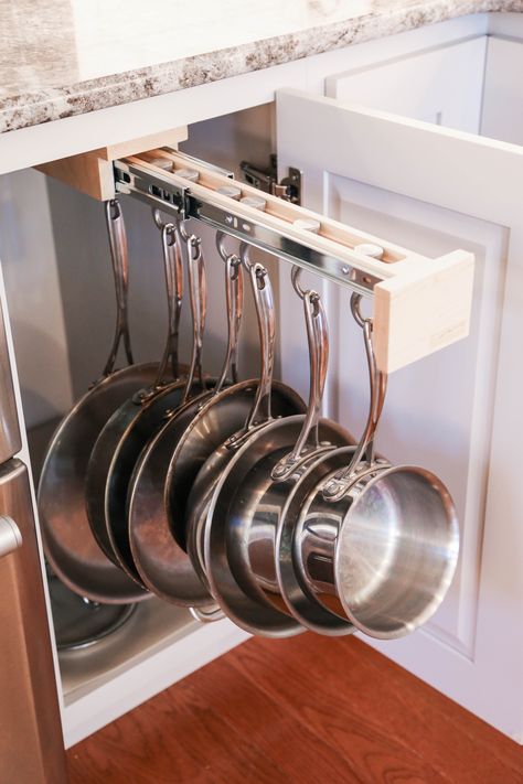 Kitchen Pans Organization, Pull Out Kitchen Cabinet, Pan Hanger, Contemporary Kitchen Cabinets, Pan Storage, Pot Storage, Kitchen Cupboard Designs, Kabinet Dapur, Kitchen Drawer Organization