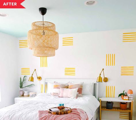 Fun Paint Ideas, Yellow Accent Wall, Yellow Accent Walls, Yellow Bedroom Decor, Neutral Bedroom Decor, Bedroom Redo, Budget Bedroom, Dekorasi Kamar Tidur, Accent Wall Bedroom