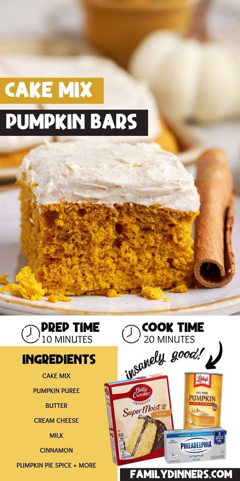 This pumpkin bar recipe is moist and perfectly seasoned for a subtle and sweet pumpkin flavor. With a cinnamon cream cheese frosting and a pumpkin and yellow cake mix recipe it's easy to make and not your average pumpkin cake recipe. These easy pumpkin bars are the perfect fall dessert recipe. Pumpkin Bars With Yellow Cake Mix Easy, Carrot Cake Mix With Pumpkin Puree, White Cake Mix Pumpkin Recipes, Yellow Cake Mix Pumpkin Recipe, Pumpkin Bars With Cream Cheese Frosting Easy, Pumpkin And White Cake Mix Recipes, Yellow Cake Mix With Pumpkin Puree, Yellow Cake With Pumpkin Puree, Pumpkin Bars With Spice Cake Mix Easy