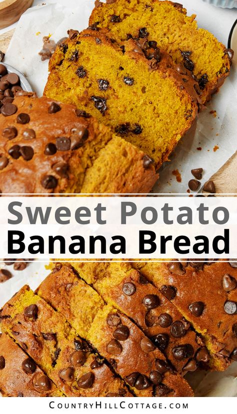 Homemade sweet potato banana bread is sweet, moist, perfectly spiced, and will fill your home with a wonderful scent. It’s so easy that you’ll want to bake it all the time and your family will love it. The loaf is incredibly moist and soft, bursting with the sweet aromas of bananas, sweet potatoes, chocolate chips, and spices in every bite. It’s comforting, homey qualities make this banana bread perfect for your fall baking, but it’s delicious any time of year. | CountryHillCottage.com Sweet Potato Banana Bread, Banana Sweet Potato, Sweet Potato Banana, Sweet Potato Chocolate, Easy Sweet Potato, Sweet Potato Bread, Chocolate Chip Bread, Stuffed Sweet Potato Healthy, Potato Bread