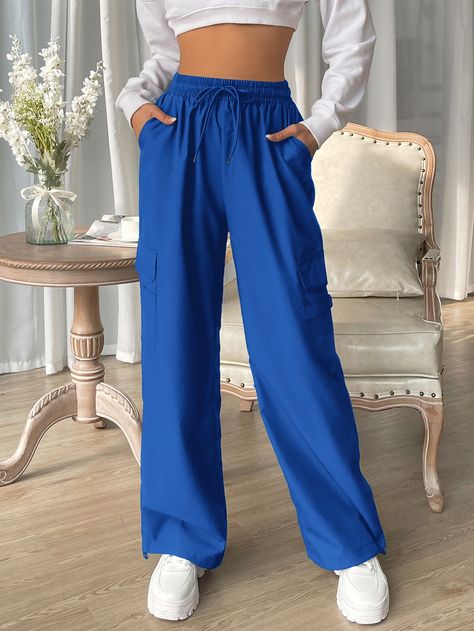 Blue Long Pants Outfit, Flap Pocket Cargo Pants, Outfit Sweatpants, Shein Codes, Royal Blue Pants, Pants Embellished, Kawaii Clothes Goth, Minimalist Wardrobe Capsule, Pocket Cargo Pants