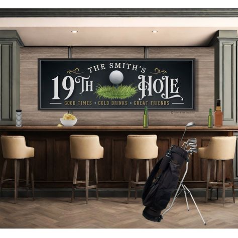 Personalized 19th Hole Sign - Golfing Sign For Home Bar - Golfer Gifts Thank you for visiting Crown & Oak Design Co. ➤ Click here for all products https://www.etsy.com/shop/CrownAndOakDesignCo ➤ How To Order: Please select size, product type and add personalization (if required) in the text box above. ★ Note: Any customization beyond what is required specific to the design is subject to an additional design fee. This includes but is not limited to wording, fonts, colors, or any added logos or im Golf Simulator Room With Bar, Golf Wall Decor Ideas, Golf Themed Basement, Golf Basement Ideas, Outdoor Golf Simulator Room, Golf Man Cave Decor, Basement Bar Signs, Golf Simulator Business, Golf Room Man Cave