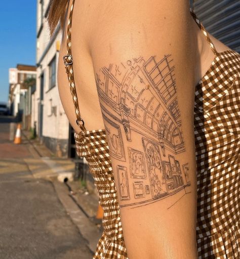 Fine Art Tattoo Minimalist, Small Garden Tattoo, Middle Of Back Tattoo For Women, Art Gallery Tattoo, Art Piece Tattoo, Greenhouse Tattoo, Dodie Tattoo, Building Tattoo, Personal Tattoos