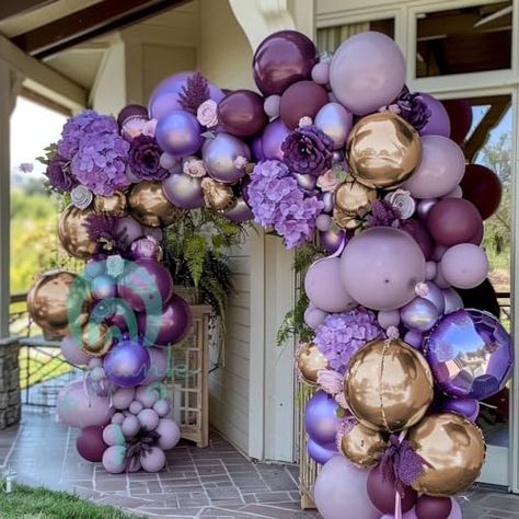 Gold And Purple Birthday Decorations, Lavender Balloon Arch, Lilac Balloon Garland, Purple Graduation Party Ideas, Purple And Gold Balloons, Graduation Party Purple, Party Decorations Purple, Purple Birthday Decorations, Gold Theme Birthday