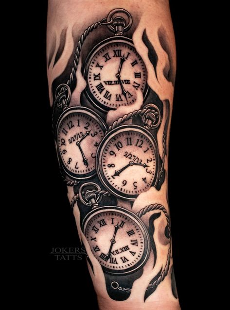 Check me out on Instagram! @jokerstatts432 Fob Watch Tattoo Design, Family Clock Tattoos For Men, 3 Clocks Tattoo Design, Clock Tattoo Design For Men Forearm, Clock Tower Tattoo, Pocket Watch Tattoo Stencil, Clock Tattoo Design For Men, Stopwatch Tattoo, Stop Watch Tattoo