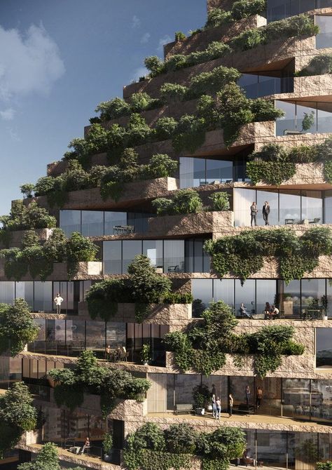 Albania’s capital city will soon get a new mountain in the form of Mount Tirana, a skyscraper finished in stone and dotted with living plants. Green Building Concept, Green Tower, Mountain Architecture, Danish Architecture, Green Facade, Tirana Albania, Green Houses, Architectural Pieces, Hotel Architecture