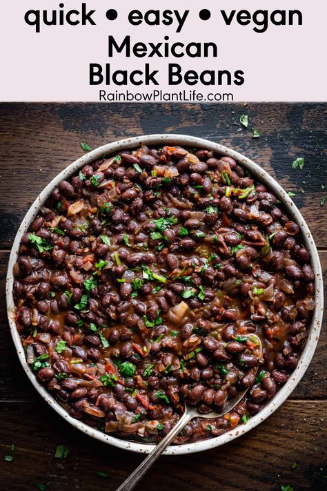 Mexican Black Beans just like the ones you love from Mexican restaurants but homemade! With a short list of budget-friendly pantry ingredients and 40 minutes, you can achieve gourmet flavors and the perfect creamy texture. Black Beans With Sofrito, Dried Black Bean Recipes Mexican, Vegan Mexican Beans, Vegan Black Beans Recipe, Black Bean Recipes Vegetarian, Mexican Black Beans Recipe Canned, Black Bean Mexican Recipes, Bean Mexican Recipes, Spanish Black Beans Recipe