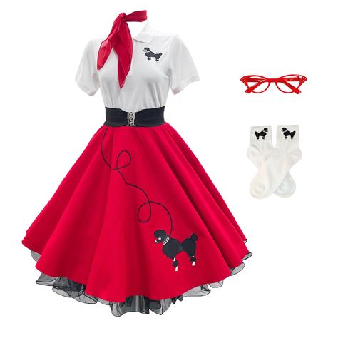 PRICES MAY VARY. Our 7-Piece 50’s Vintage Costume Set: Comes with a women’s poodle skirt, a chiffon scarf, a polo shirt with a poodle applique, a crinoline petticoat, an elastic cinch belt, a set of white socks with our poodle applique on the cuffs, and cateye glasses Perfect For Sock Hops & Decade Dances: Whether you’re going to a sock hop, decades dance, or 50s-themed party, you’ll fit right in with this vintage-inspired costume. Get ready to twist and shout and rock ‘n’ roll in your complete 50s Themed Outfits, 1950s 60s Fashion, Poodle Skirts 1950, How To Make A Poodle Skirt, 50s Halloween Costume Couple, 60s Dance Outfit, 1950 Halloween Costumes, 50s Decade Day Outfits, Sock Hop Outfits For Women