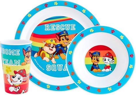 PAW Patrol Kids Tableware Set – 3 Piece Reusable PP Plate, Bowl & Cup Set for Children – Skye, Chase, Marshall, Rubble Tumbler & Dinnerware Set for Mealtimes – for 24 Months & Up : Amazon.co.uk: Home & Kitchen Paw Patrol Gifts, Dishwasher Cleaning, Paw Patrol Rescue, Drinks Tumbler, Rescue Team, Clean Dishwasher, Cup Set, Rainbow Design, Tableware Set