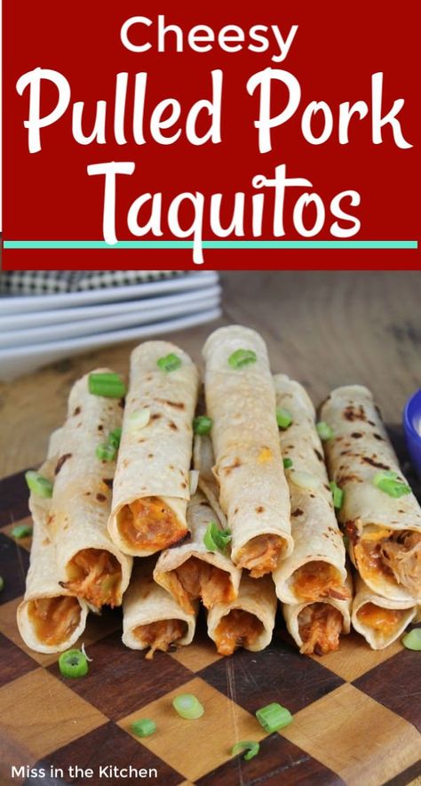 Cheesy Pulled Pork Taquitos are an easy and delicious appetizer perfect for game day or family get togethers. Ready in under 30 minutes! Pork Tapas Recipes, Pulled Pork Taquitos Air Fryer, Pork Taquitos Baked, Pork Wraps Recipes, Pulled Pork Wraps Recipes, What To Make With Pulled Pork Leftovers, Pulled Pork Meals Sides, Taquitos Pork, Pulled Pork Wraps