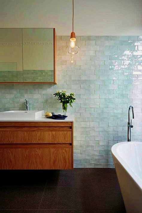 Tiles Around Tub, Glazed Tile Bathroom, Pale Green Bathroom, Glass Tile Bathroom, Green Bathroom Vanity, Best Bathroom Flooring, Bathroom Tile Inspiration, Modern Bathroom Tile, Scandinavian Bathroom