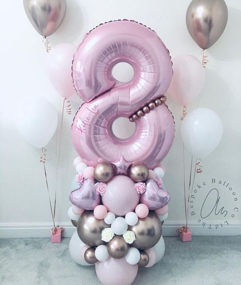 The Bespoke Balloon Co Ltd on Instagram: “Kodie-lea turns 8 💖 #balloons #balloondecor #balloondecoration #balloonarch #balloonarchs #balloons🎈 #balloongarland #balloonstylist…” 8 Balloon Bouquet, Table Balloon Centerpieces, Numbers Balloons, Balloon Baby Shower Centerpieces, Balloon Display, Personal Celebration, Birthday Balloon Decorations, Balloon Sculptures, Balloon Gift