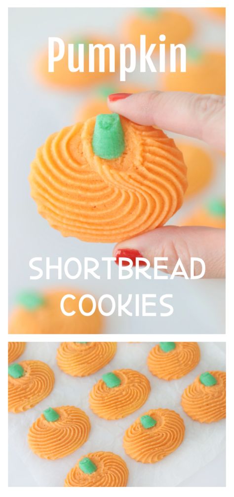 Pumpkin Roll Out Cookies, Piped Shortbread Cookies, Fall Shortbread Cookie Recipe, Halloween Shortbread, Pumpkin Shortbread, Candy Cookie Cake, Danish Cookies, Whipped Pumpkin, Halloween Cookie Recipes