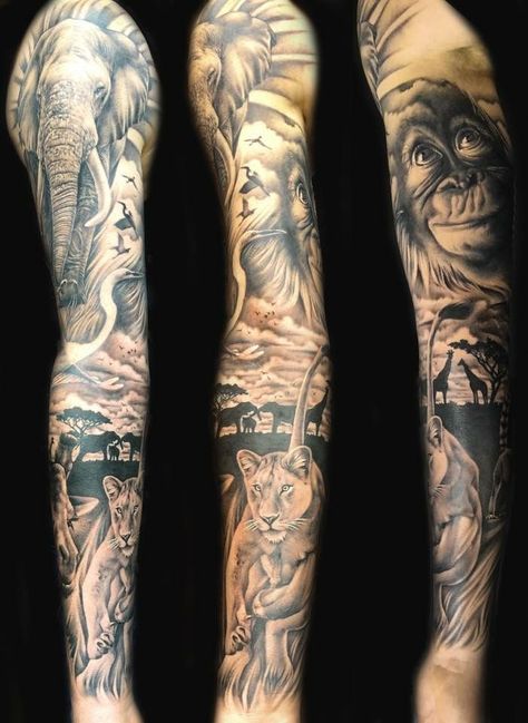 African Sleeve Tattoo, Natur Tattoo Arm, Black Sleeve Tattoo, Tattoo Perna, Animal Tattoos For Women, Wildlife Tattoo, Animal Sleeve, Animal Sleeve Tattoo, Nature Tattoo Sleeve