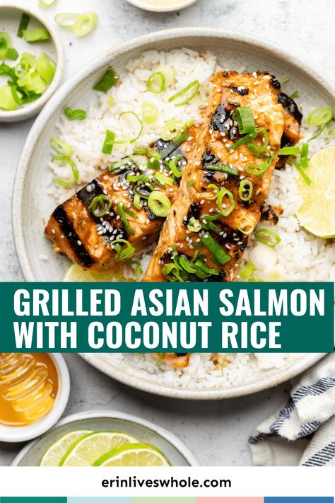 Salmon With Coconut Rice, Coconut Milk Rice, Asian Salmon, Delicious Salmon Recipes, Salmon Soy Sauce, Grilled Salmon Recipes, Salmon And Rice, Pescatarian Recipes, Coconut Rice