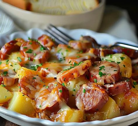 Slow Cooker Sausage and Potato Casserole - Grammy Recipes Sausage And Potatoes In Crockpot, Crockpot Kilbasa Sausage Recipes, Pork Sausage Crockpot Recipes, Sausage Stew Slow Cooker, Slow Cooker Sausage And Potato Casserole, Kalbasa Sausage Recipes, Slow Cooker Kielbasa And Potatoes, Recipes With Farmer Sausage, Slow Cooker Kielbasa Recipes