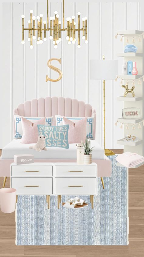 Pastel pink and blue coastal room! || 🎀 #preppy #bedroominspo #summer #bedroomaesthetic #bedroomaesthetic #bedroomdecor #coastal #coastalaesthetic #coastalgirl Dream Teen Bedrooms, Girls Blue Bedroom, Blue And Pink Bedroom, Room Preppy, Coastal Room Decor, Pink Dorm Rooms, Dorm Room Styles, Preppy Bedroom, Coastal Room