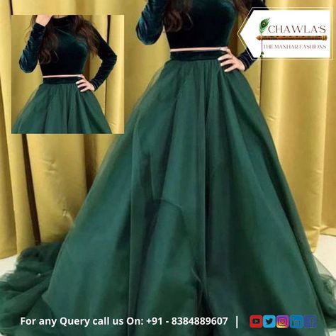 Green Designer Net Lehenga With Velvet Crop Top Long Skirt Top Designs, Long Skirt And Top, Lehenga Crop Top, Crop Top Lehenga, Top Net, Net Skirt, Saree Fashion, Crop Top Designs, Net Lehenga