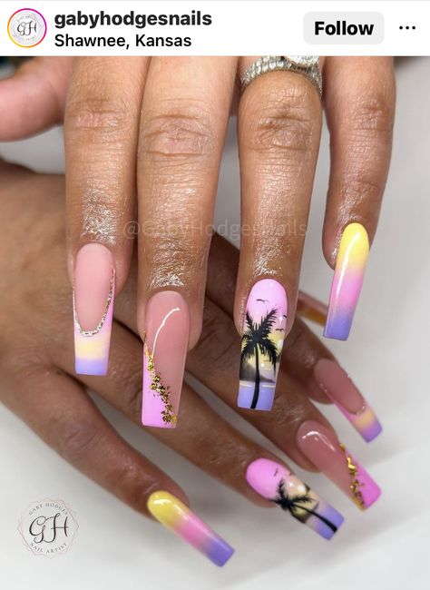 Sunset Nails, Beach Nail Designs, Palm Tree Nails, Tropical Nails, Cute Summer Nails, Vacation Nails, Coffin Nails Long, Beach Nails, Coffin Nails Designs