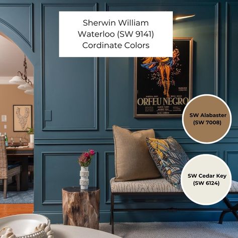 Transform your space with the perfect color combinations that truly reflect your style! 💙✨ Sherwin-Williams Waterloo (SW 9141) is a stunning choice that pairs beautifully with Alabaster, creating a clean and sophisticated backdrop for any room. For an added layer of warmth and coziness, consider incorporating Cedar Key; this rich hue brings a welcoming touch that makes your space feel inviting. Whether you're revamping a single room or undertaking a complete home makeover, these color pairing... Living Room With Chair Rail Paint Colors, Sherwin Williams Blue Living Room, Waterloo Sherwin Williams Bedroom, Sw Waterloo Paint, Bunglehouse Blue Sherwin Williams, Sw Still Water, Waterloo Sherwin Williams, Sw Waterloo, Sherwin Williams Waterloo