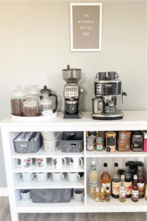 Whether you’re looking for a creative way to display your coffee maker or want to hang up all your Rae Dunn cups, these coffee bar ideas will give you some inspiration! With everything from DIY designs to farmhouse decor, you’ll find the perfect idea here! #coffeebar #coffeestation #coffeebarideas #raedunncoffee Coffee Bar In Kitchen, Bar In Kitchen, Coffee Bar At Home, Coffee Bar Ideas Kitchen Counter, Coffee Bar Cart, Coin Café, Coffee Bar Station, Coffee Bar Ideas, Coffee Area