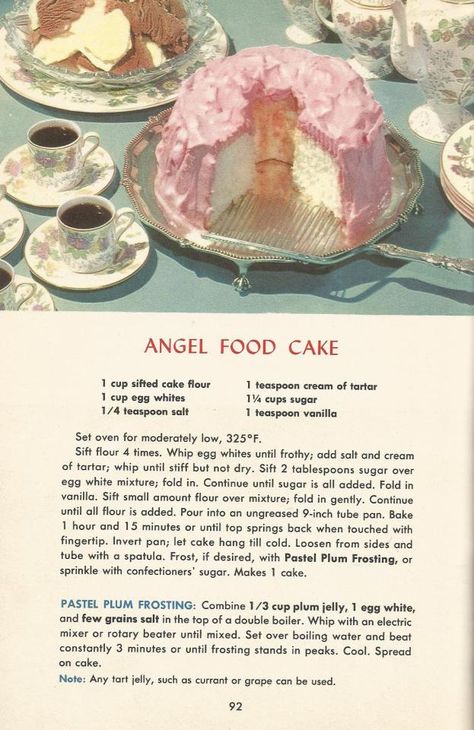 Vintage Recipes, 1950s Cakes, Angel Food Cake Vintage Lunch Recipes, Dessert Recipes Written, Vintage Recipe Books, Vintage Recipes 1950s Grandmothers, Vintage Dessert Recipes, Cottagecore Baking Recipes, Vintage Recipes 1950s, Vintage Cake Recipes, Traditional Wife